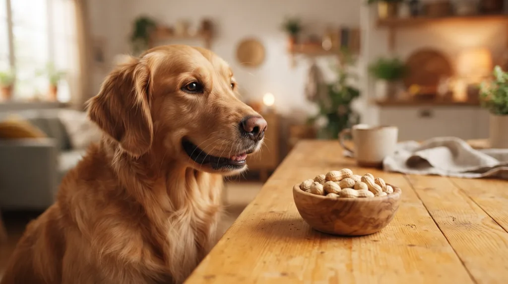 Golden Retriever schaut auf eine Schale Erdnüsse