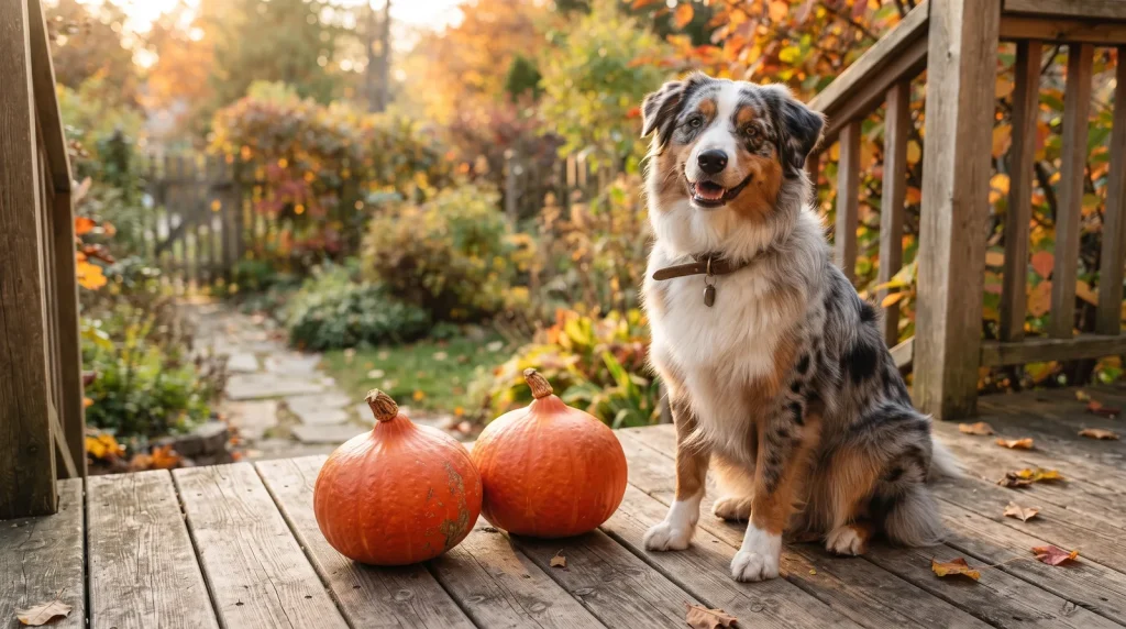 Australian Shepherd sitzt neben zwei Hokkaido-Kürbissen im Herbstgarten